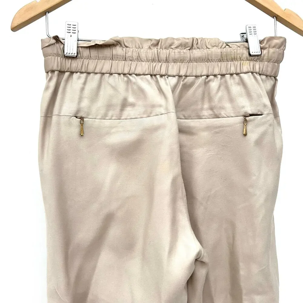 Tory Burch Satin Modal Rayon Tapered Drawstring Pull On Trousers Pants Small Tan
